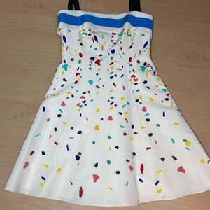 Carolina Herrera White Dress with Multicolor Confetti and Blue Trim